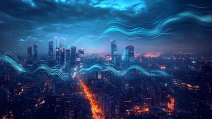 Obraz premium An urban cityscape illuminated by electric waves in the sky at night, blending the beauty of nature with technological energy.