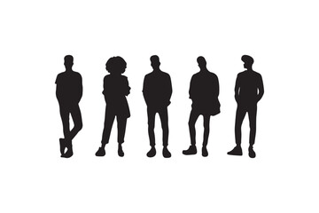 Vector silhouettes of men and a women, a group of standing business people, black color isolated on white background