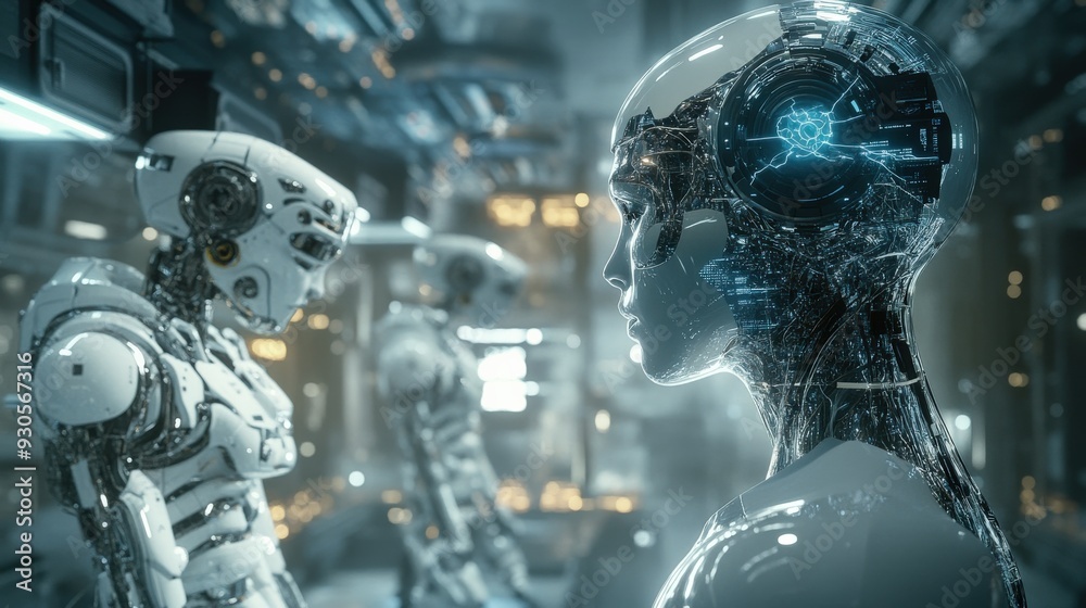Poster humanoid robots display high-tech features while interacting in a futuristic laboratory filled with 