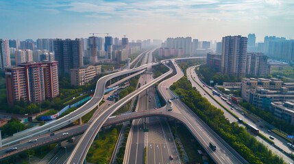 Aerial View of a Cityscape with a Complex Road Interchange