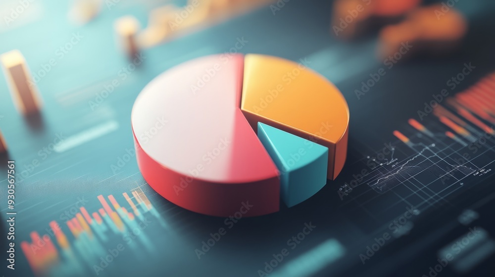 Poster Close-up of a 3D pie chart with a portion pulled out to emphasize a specific segment, showcasing detailed data and a modern, professional look.