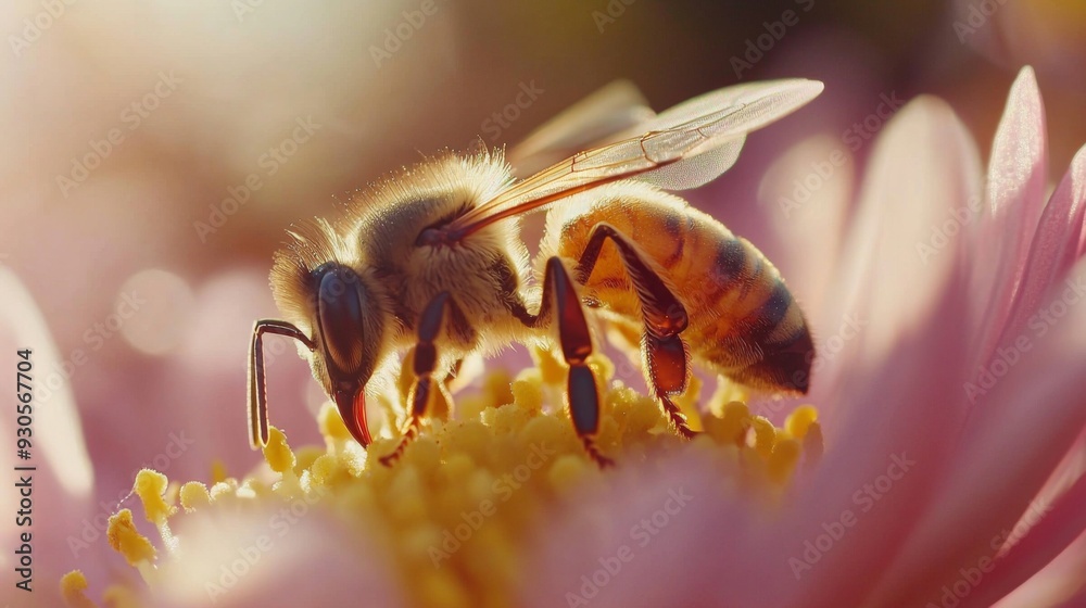 Poster close-up of a bee on a flower, capturing its delicate wings, antennae, and the intricate details of 