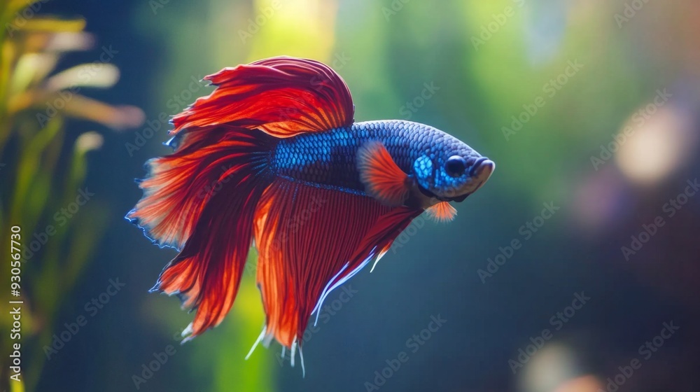Poster Close-up of a Betta fish with a mesmerizing array of colors and delicate fins, swimming elegantly through a well-decorated aquarium environment.
