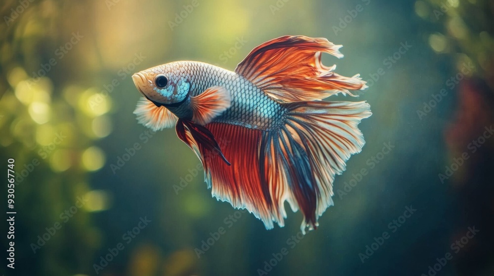 Poster Close-up of a Betta fish with a mesmerizing array of colors and delicate fins, swimming elegantly through a well-decorated aquarium environment.