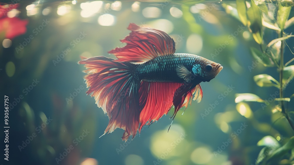 Aufkleber Close-up of a Betta fish with a mesmerizing array of colors and delicate fins, swimming elegantly through a well-decorated aquarium environment.