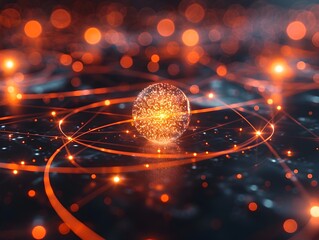 Glowing Sphere of Quantum Superposition in Futuristic Digital Landscape