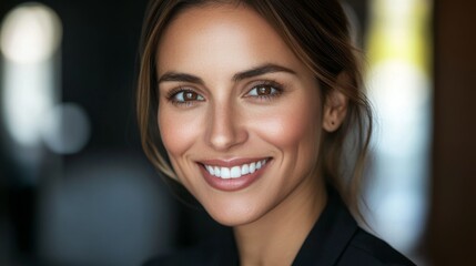 Naklejka premium Close-up of a businesswoman with a confident smile and clear, sharp features, dressed in professional clothing, representing success and authority.