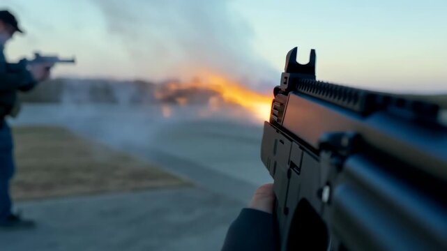 Shooting practice with firearms at a range during sunset