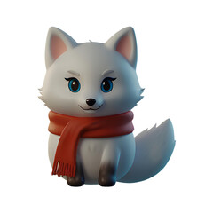 A chibi 3D Snow Fox with a large head, big eyes, and white fur, wearing a Christmas-themed scarf. The background is transparent, making it perfect for Christmas-themed projects.