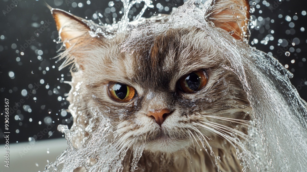 Poster close-up of a cat enjoying a bath, with water droplets on its fur and a content expression, showing 