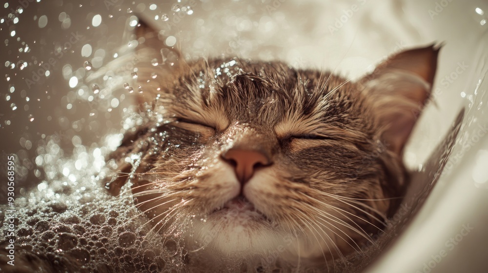 Poster Close-up of a cat enjoying a bath, with water droplets on its fur and a content expression, showing the details of its wet fur and playful splashes.