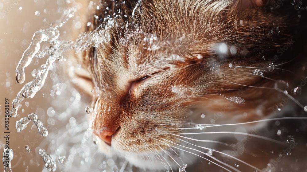 Poster close-up of a cat enjoying a bath, with water droplets on its fur and a content expression, showing 