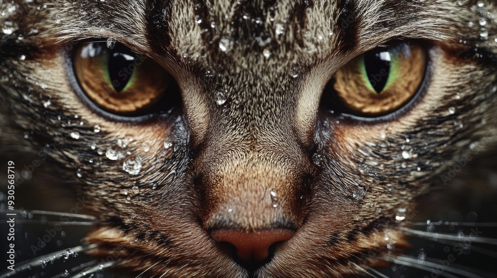 Poster Close-up of a cat's face with its fur wet and slick from a bath, showing its expression and the water droplets on its fur in sharp detail.