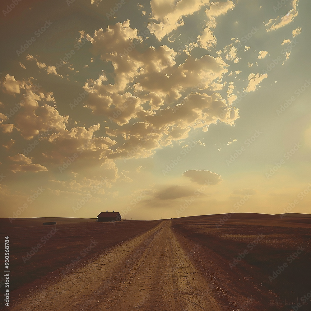 Wall mural A dusty country road under a vast, open sky, merged with the distant silhouette of a lone farmhouse standing against the horizon. 64k, UHD, High definition a?