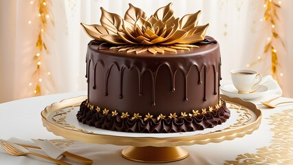 Chocolate cake with golden flower on top. 3D rendering.