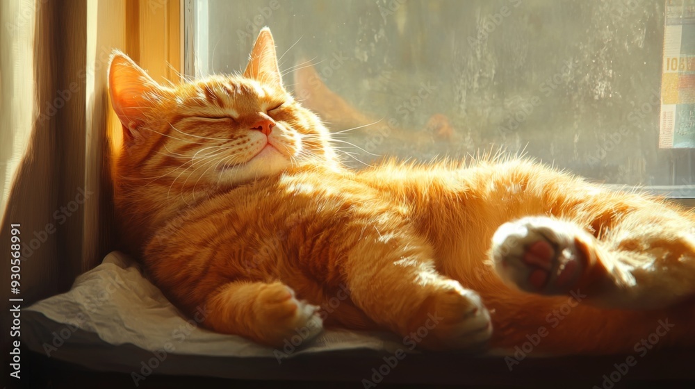 Poster close-up of a chubby orange cat lazily lounging on a windowsill, its fur glowing in the sunlight as 