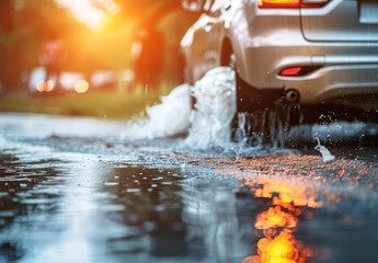 Car Navigating Flooded Road Amid Heavy Rain and Thunderstorm Conditions