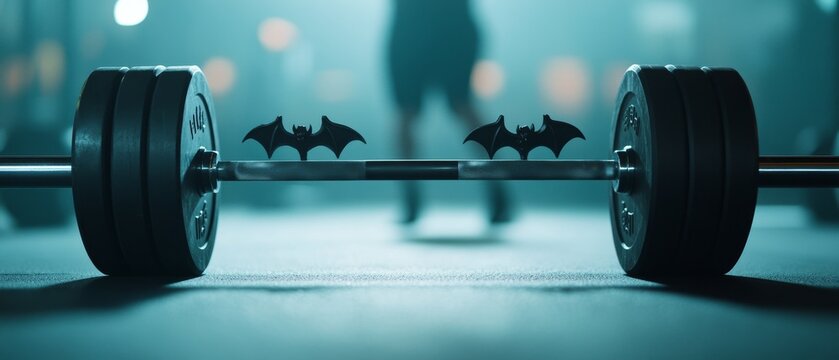 Spooky Gym Workout: Dracula Figure Lifting Bat Weighted Barbell in Dimly Lit Environment with Copyspace for Text on Right Side