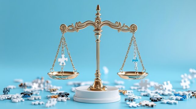 A scale representing justice amidst colorful puzzle pieces, symbolizing balance, law, and problem-solving.
