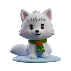 A chibi 3D Snow Fox with a large head, big eyes, and white fur, wearing a Christmas-themed scarf. The background is transparent, making it perfect for Christmas-themed projects.