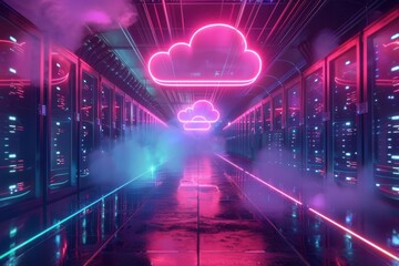 Futuristic data center, glowing cloud icon, interconnected data lines, wideangle shot, neon lighting, hightech digital landscape, efficient data transfer