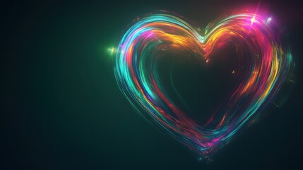 A vibrant, glowing heart shape made of colorful light swirls against a dark background.