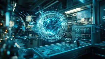 Fototapeta premium A glowing sphere of energy floats in a high-tech lab, showcasing the concept of quantum teleportation amidst advanced scientific equipment