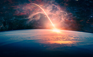 Landscape with Milky way galaxy. Sunrise and Earth view from space with Milky way galaxy. (Elements...