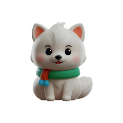 A chibi 3D Snow Fox with a large head, big eyes, and white fur, wearing a Christmas-themed scarf. The background is transparent, making it perfect for Christmas-themed projects.
