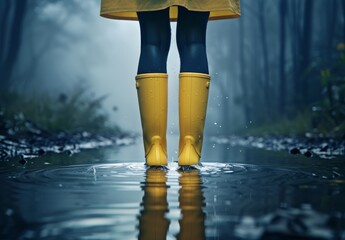 Person Wearing Bright Yellow Rain Boots Standing in Shallow Water.