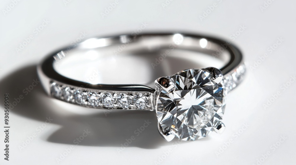 Poster Close-up of a diamond engagement ring on a white background, capturing the fine details of the setting and the sparkling gem.