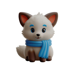 A chibi 3D Snow Fox with a large head, big eyes, and white fur, wearing a Christmas-themed scarf. The background is transparent, making it perfect for Christmas-themed projects.