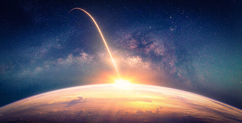 Landscape with Milky way galaxy. Sunrise and Earth view from space with Milky way galaxy. (Elements...