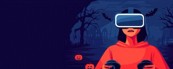 Gamer playing a VR horror game with Halloween settings, spooky environment surrounding them, flat design illustration