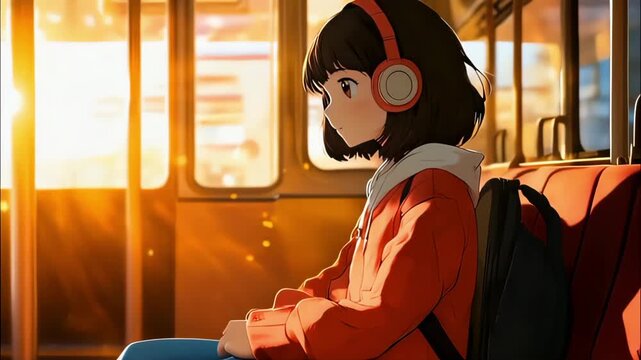 An anime girl with headphones is sitting on the train and listening to music. This lofi animation features a seamless 4K loop, created with AI and enhanced manually.