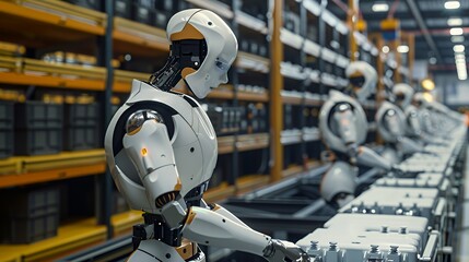 Fototapeta premium A futuristic warehouse with humanoid robots assembling products on a conveyor belt.