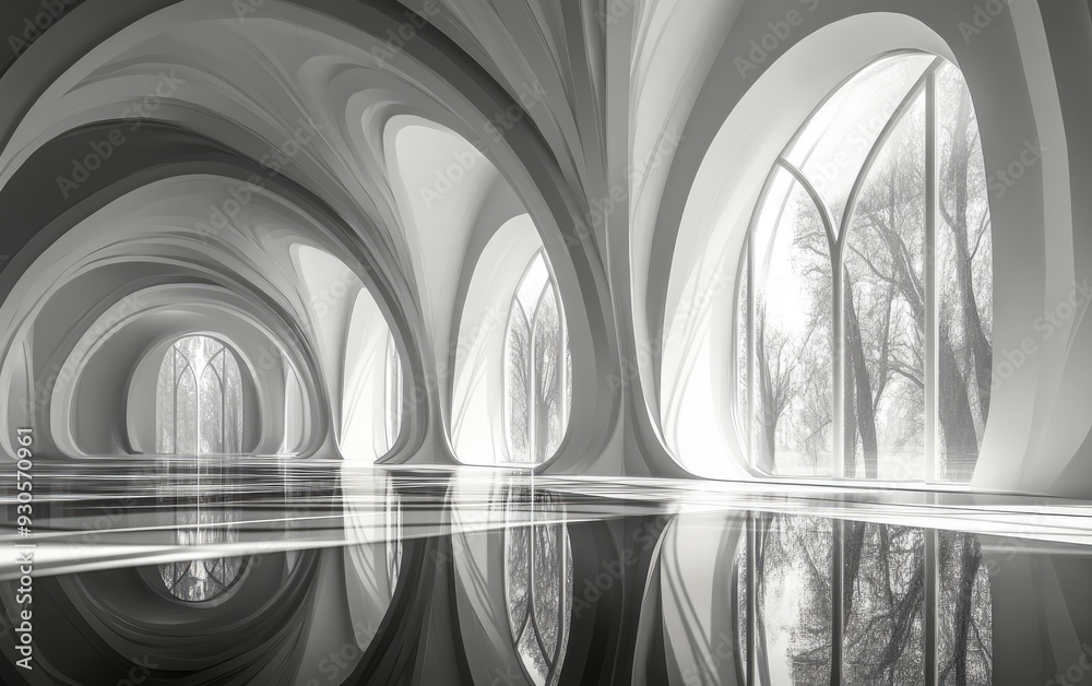 Wall mural smooth abstract interior in black and white with a gothic design 3d rendering and illustration