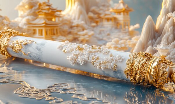 china-chic style, gold and silver tone, 3d chalcedony carved , an open scrool floating in the air, with some ancient characters on it. on the unrolled scroll stood an ancient poets, with illustrations