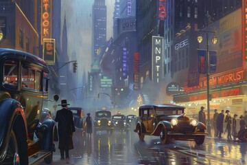 Bustling New York Street in the 1920s with Flappers and Jazz Vibe.