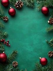 Top view. Christmas and New years eve Background. Beautiful Wide Angle Holiday Template with Christmas balls, fir tree and highlights with copy space. Christmas and New year greeting card concept
