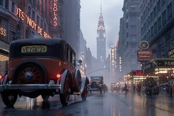 Bustling 1920s New York Street with Flappers and Classic Cars.