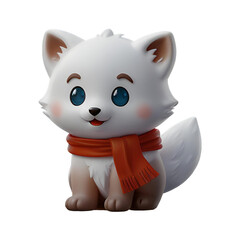 A chibi 3D Snow Fox with a large head, big eyes, and white fur, wearing a Christmas-themed scarf. The background is transparent, making it perfect for Christmas-themed projects.