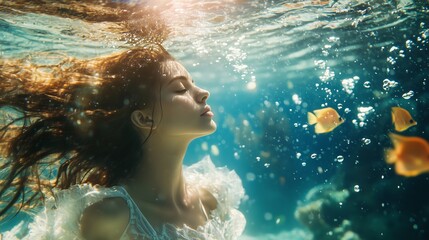 A woman glides serenely in clear water, surrounded by fish and coral, embodying tranquility and freedom.