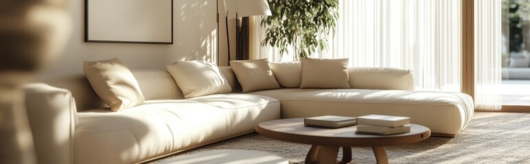Spacious living room featuring a large milk colored couch and lamp in a 3D rendering