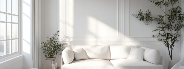 Stylish white room featuring a sofa and summer landscape visible through the window showcasing...