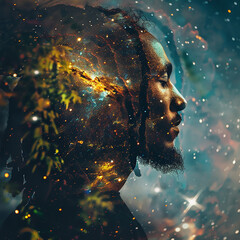 A mystical reggae spirit fused with the twinkling stars in the night sky, both elements creating a cosmic double exposure. 64k, UHD, High definition a?"ar 16:9