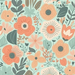 Charming pastel floral pattern filled with whimsical flowers and lush leaves, perfect for brightening any springtime project