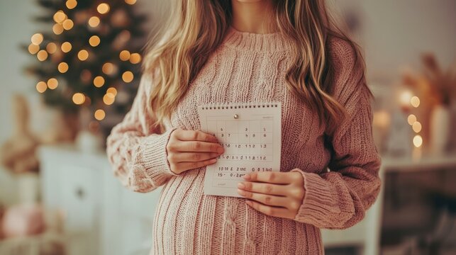 woman holding belly and a celendar