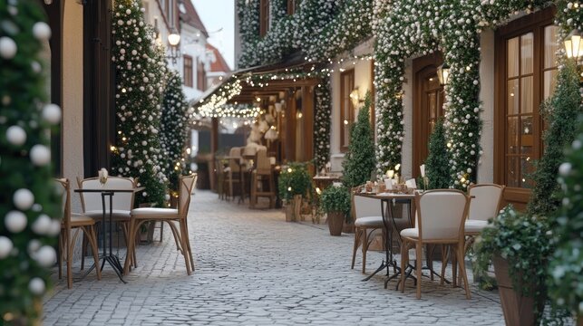 Snow blankets the ground as warm lights illuminate the festive street, lined with decorated trees and cozy cafe tables inviting visitors to enjoy the holiday charm
