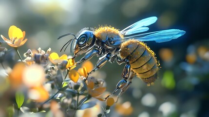 Metallic Bee Gathering Pollen on Yellow Flowers